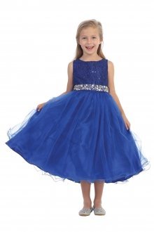 Royal Blue Sleeveless Shiny Tulle Flower Girls Dress with Beaded Waist